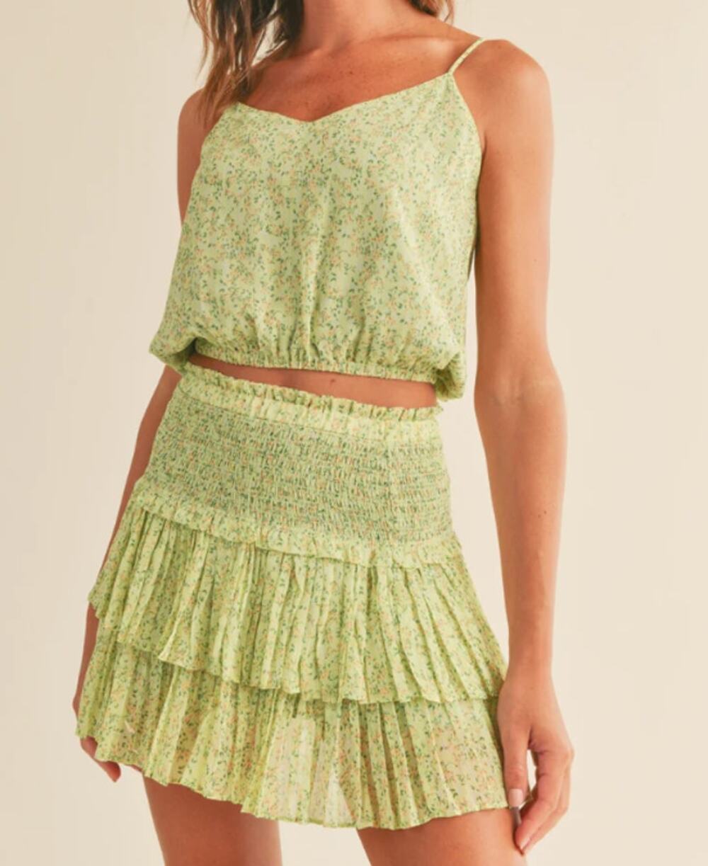 RESET By Jane Lizzie Spring Set Green Gold Skirt Cropped Bubble Cami Small NWT